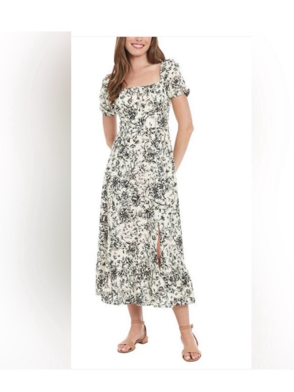 London Times Black and Cream Floral Square-Neck Midi Dress